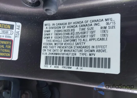 2015 Honda Cr-V Ex-L from USA, damaged, VIN 2HKRM4H7XFH671224
